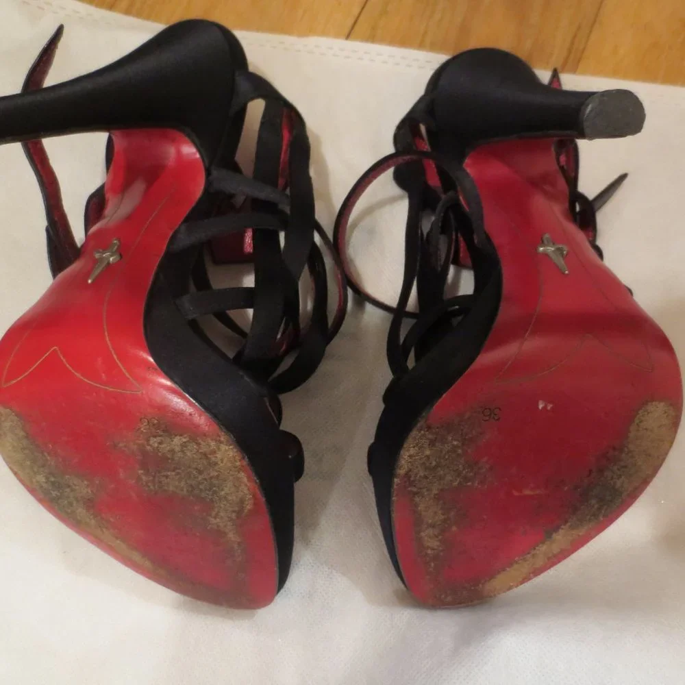 LAST CHANCE CESARE PACIOTTI Black Satin Multi Strapped Mini Platforms - Picture 8 of 9